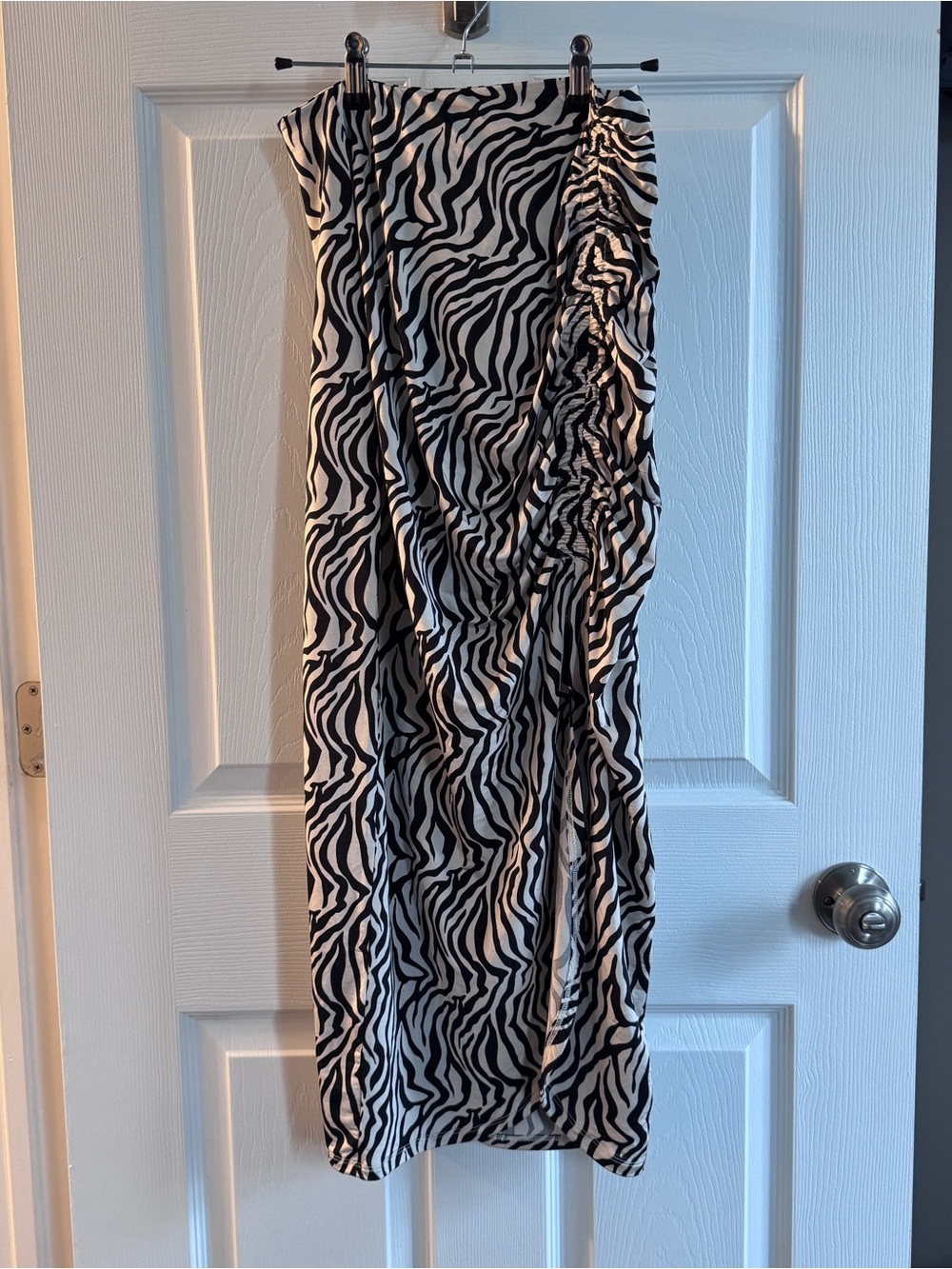 GUESS Micol Zebra Print Ruched Side Slit Satin Maxi Skirt Size S